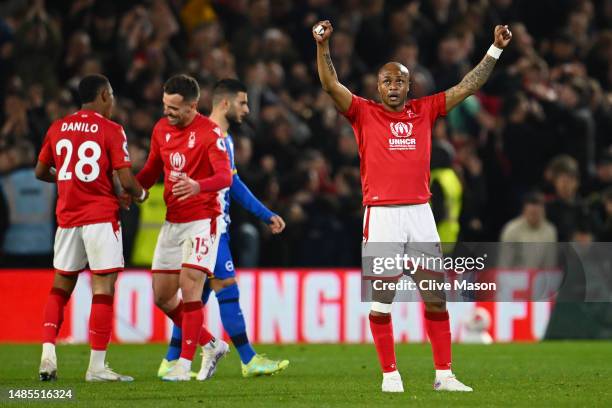 Andre Ayew of Nottingham Forest celebrates following the Premier League match between Nottingham Forest and Brighton & Hove Albion at City Ground on...