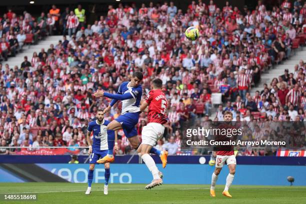 Alvaro Morata of Atletico de Madrid scores their second goal during the LaLiga Santander match between Atletico de Madrid and RCD Mallorca at Civitas...