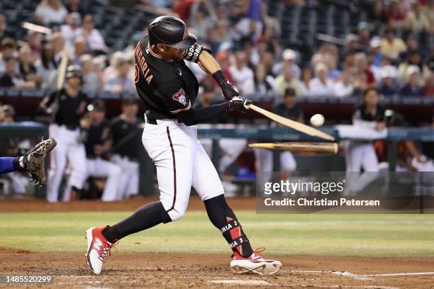 Evan Longoria of the Arizona Diamondbacks hits a RBI single against the Kansas City Royals during the fourth inning of the MLB game at Chase Field on...