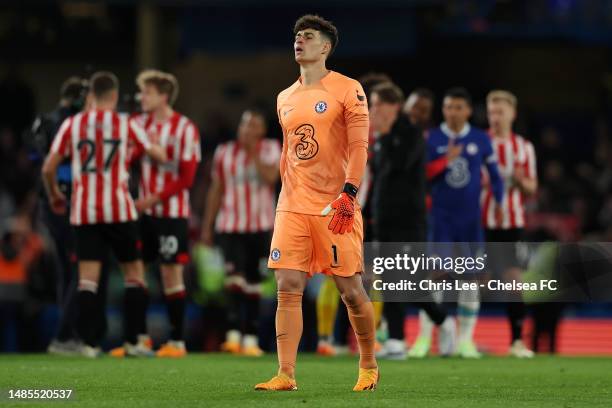 Kepa Arrizabalaga of Chelsea looks dejected following their side's defeat during the Premier League match between Chelsea FC and Brentford FC at...