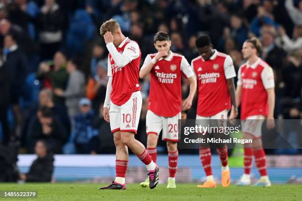 Emile Smith Rowe of Arsenal looks dejected after Erling Haaland of Manchester City scored their sides fourth goal during the Premier League match...