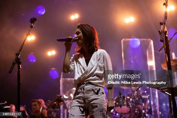 Chloe Alper of James perform with a full orchestra and gospel choir at St David's Hall on April 26, 2023 in Cardiff, Wales.