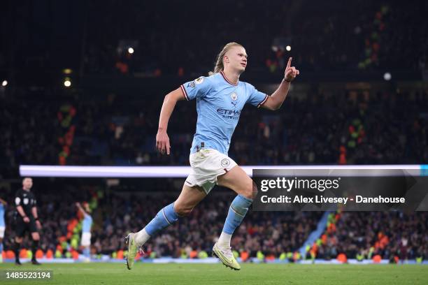 Erling Haaland of Manchester City celebrates after scoring their fourth goal during the Premier League match between Manchester City and Arsenal FC...