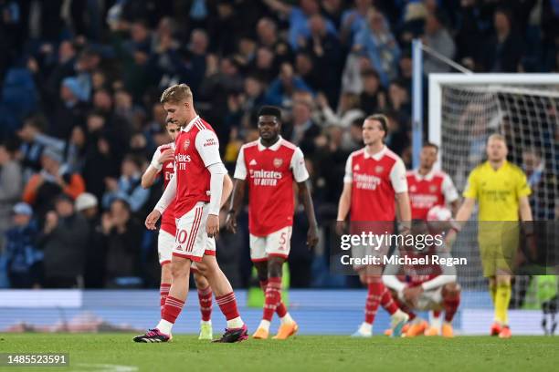 Emile Smith Rowe of Arsenal looks dejected after Erling Haaland of Manchester City scored their sides fourth goal during the Premier League match...