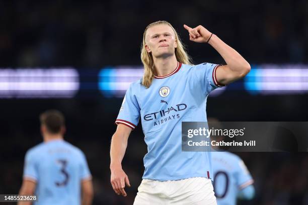 Erling Haaland of Manchester City celebrates after scoring the team's fourth goal during the Premier League match between Manchester City and Arsenal...