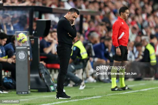 Xavi, Head Coach of FC Barcelona, reacts during the LaLiga Santander match between Rayo Vallecano and FC Barcelona at Campo de Futbol de Vallecas on...