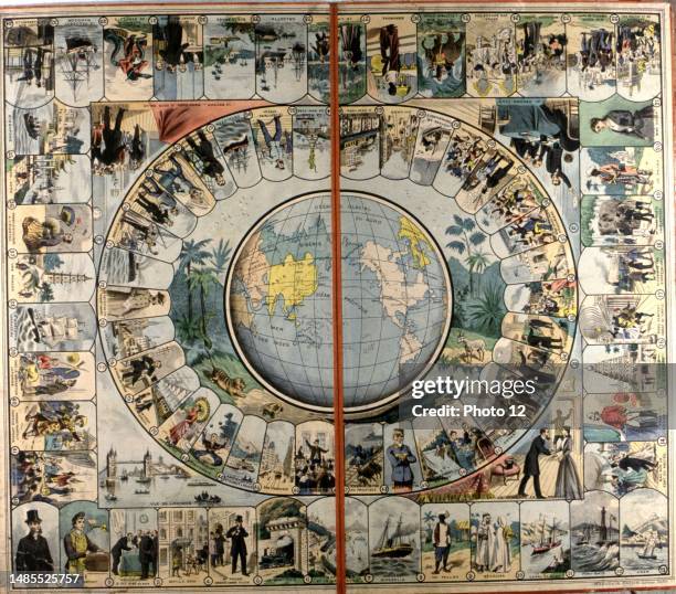 Jules Verne 'Around the World in Eighty Days' . Snakes and ladders game, 19th century. Nantes, Jules Verne Museum.