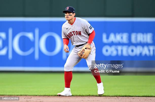 Yu Chang of the Boston Red Sox plays shortstop against the Baltimore Orioles at Oriole Park at Camden Yards on April 24, 2023 in Baltimore, Maryland.