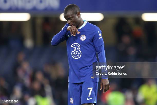 Ngolo Kante of Chelsea after his sides 2-0 defeat during the Premier League match between Chelsea FC and Brentford FC at Stamford Bridge on April 26,...