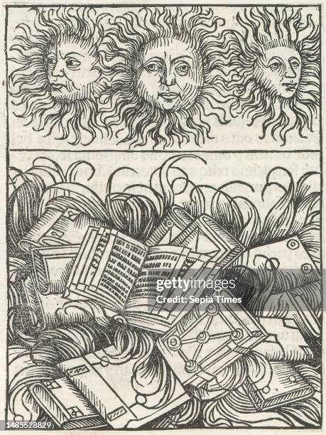 Book burning, Liber Chronicarum , Presentation in two parts. At bottom books in the fire. At top, three suns. The print is part of an album. Print...