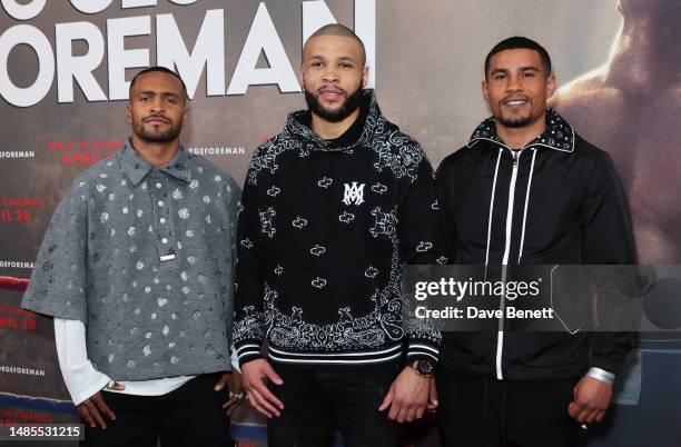 Harlem Eubank, Chris Eubank Jr. And Joseph Eubank attend the Gala Screening of "Big George Foreman" at The Ham Yard Hotel on April 26, 2023 in...