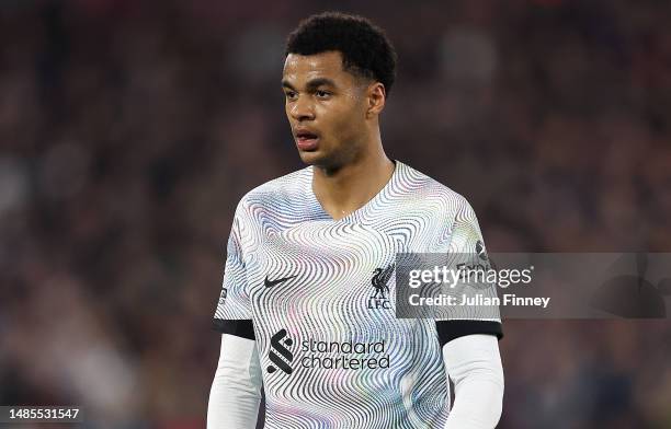 Cody Gakpo of Liverpool looks on during the Premier League match between West Ham United and Liverpool FC at London Stadium on April 26, 2023 in...