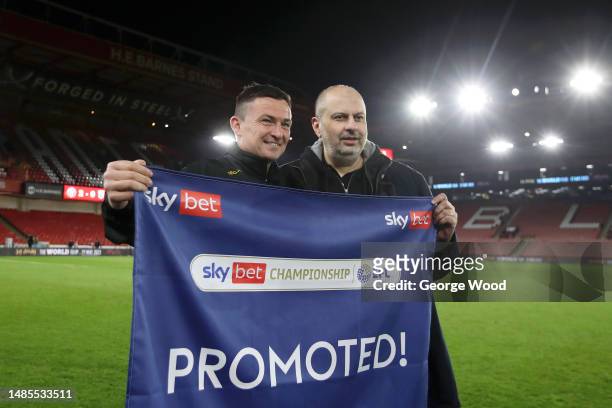 Paul Heckingbottom, Manager of Sheffield United, and Abdullah bin Musaid Al Saud, Owner of Sheffield United pose for a photo after winning promotion...