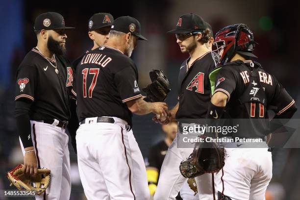 Starting pitcher Zac Gallen of the Arizona Diamondbacks is removed by manager Torey Lovullo during the seventh inning of the MLB game against the...