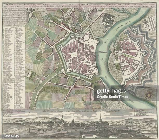 Map of and view of Dresden, Dresda ad Albim Saxoniae superioris metropolis, ac magnifica , print maker: anonymous, Matthaeus Seutter , , publisher:...