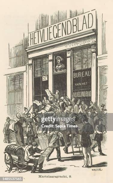 Distribution of Het Vliegende Blad van Amsterdam, Crowd gathered in front of the publishing house of A.W. Van Megen, publisher of Het Vliegende Blad...