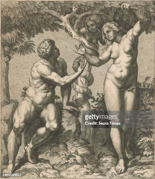 Adam and Eve seduced by the serpent, print maker: Nicolas Bocquet, , after own design by: Nicolas Bocquet, , after painting by: Rafaël, , print...