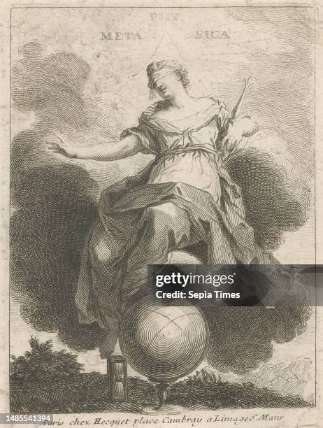 Metaphysics, Metaphysics , A blindfolded woman with scepter sits on a globe. At her feet are a globe and hourglass. Above her head a triangle in halo...