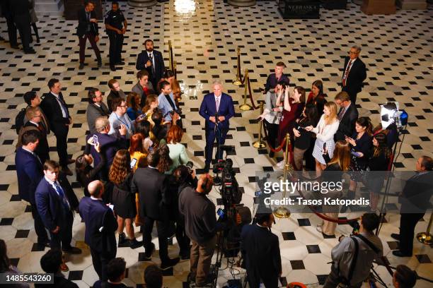 Speaker of the House Rep. Kevin McCarthy speaks to the media at the US Capitol on April 26, 2023 in Washington, DC. The US House voted and passed a...
