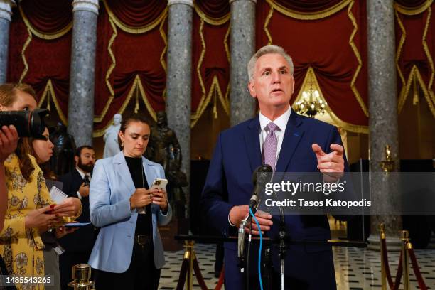 Speaker of the House Rep. Kevin McCarthy speaks to the media at the US Capitol on April 26, 2023 in Washington, DC. The US House voted and passed a...