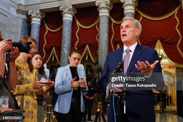 Speaker of the House Rep. Kevin McCarthy speaks to the media at the US Capitol on April 26, 2023 in Washington, DC. The US House voted and passed a...