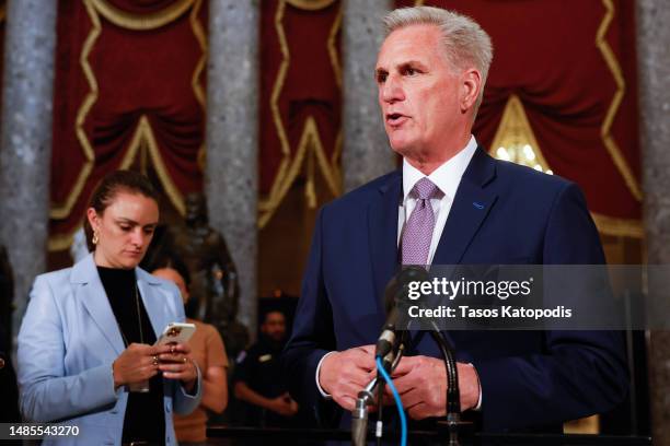 Speaker of the House Rep. Kevin McCarthy speaks to the media at the US Capitol on April 26, 2023 in Washington, DC. The US House voted and passed a...