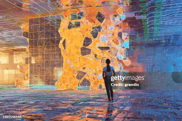 abstract image of young woman standing in vr environment - data destruction stock pictures, royalty-free photos & images