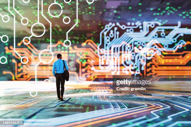 abstract image of businessman walking in vr environment - futuristic circuit stockfoto's en -beelden