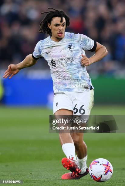 Trent Alexander-Arnold of Liverpool during the Premier League match between West Ham United and Liverpool FC at London Stadium on April 26, 2023 in...