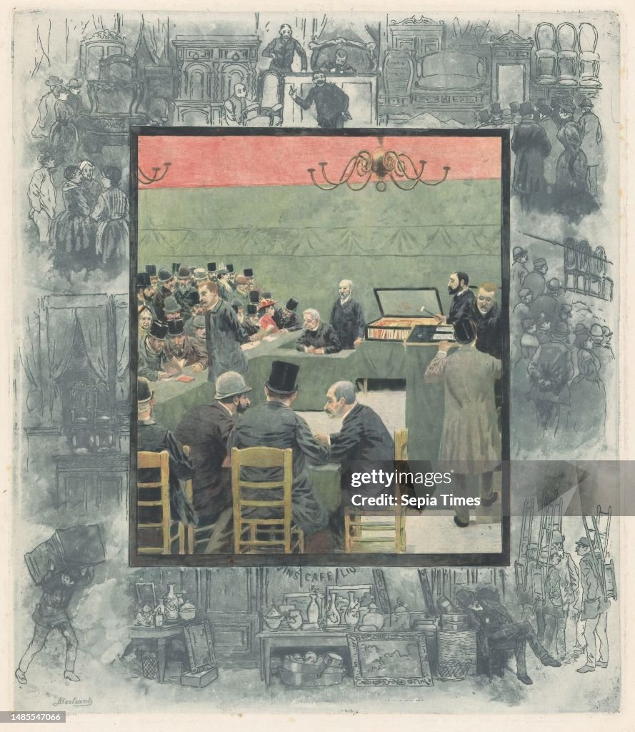 Book Auction, Auction room with the auctioneer on the right in front of an open display case of books. Opposite him tables with customers passing books from hand to hand. The central scene is surrounded by scenes showing a household goods auction with a g
