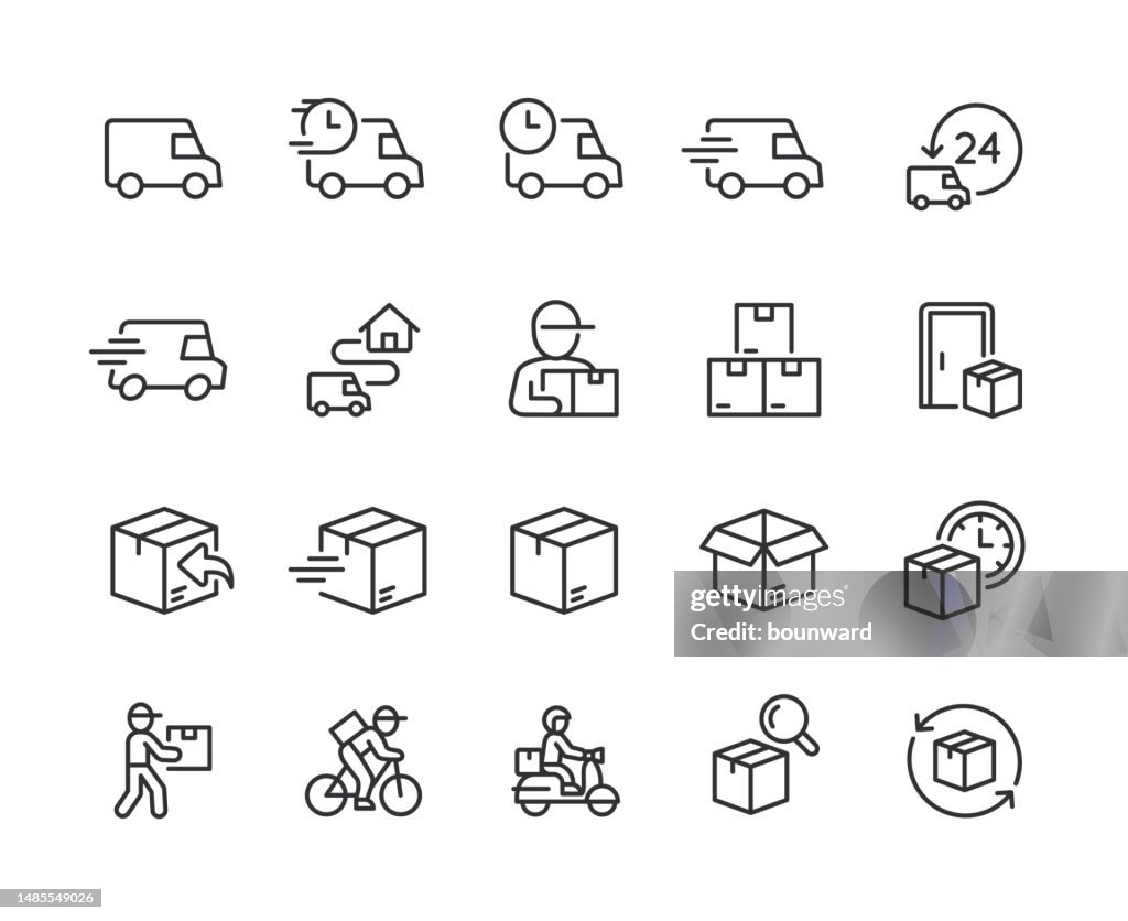 Iconos de línea de entrega. Pixel perfecto. Trazo editable.