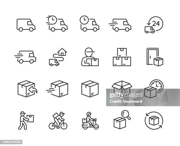 illustrazioni stock, clip art, cartoni animati e icone di tendenza di icone della linea di consegna. pixel perfetto. tratto modificabile. - contenitore