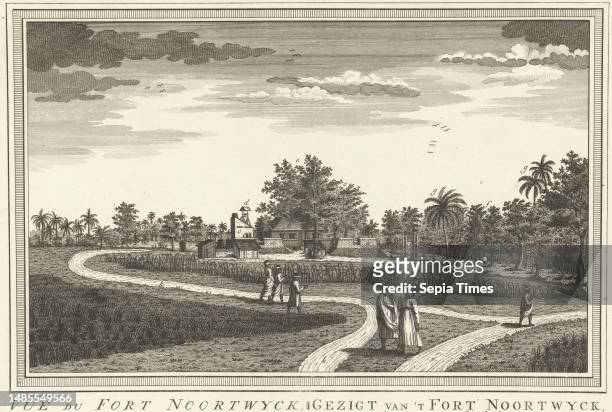 View of fort Noordwijk, Jacob van der Schley, 1747 - 1779, View of fort Noordwijk amidst a tropical landscape with fields and paths where people walk...