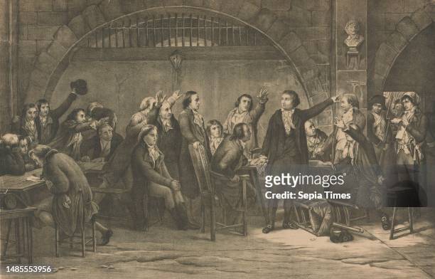 Imprisonment of the Girondines 1793 , Group of girondines in a prison cell in the Conciergerie, at the moment they learn their death sentence, 1793....