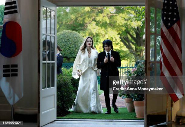 Actress Angelina Jolie and her son Maddox arrive at the White House on April 26, 2023 in Washington, DC. President Joe Biden and first lady Jill...