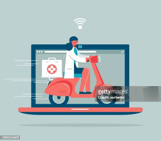 illustrations, cliparts, dessins animés et icônes de femme médecin - pharmacie de livraison de moto de médicaments - ordinateur portable - delivery bike
