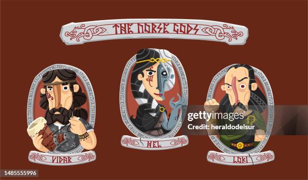 the norse gods: vidar, hel and loki - god stock illustrations