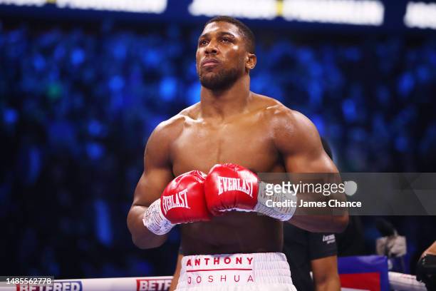 Anthony Joshua looks on prior to the Heavyweight fight between Anthony Joshua and Jermaine Franklin at The O2 Arena on April 01, 2023 in London,...