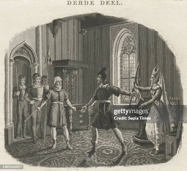 Woman reaches out to her husband his sword, Henricus Wilhelmus Couwenberg, after Johannes Steyn An old man steps into a Gothic room with three men of...