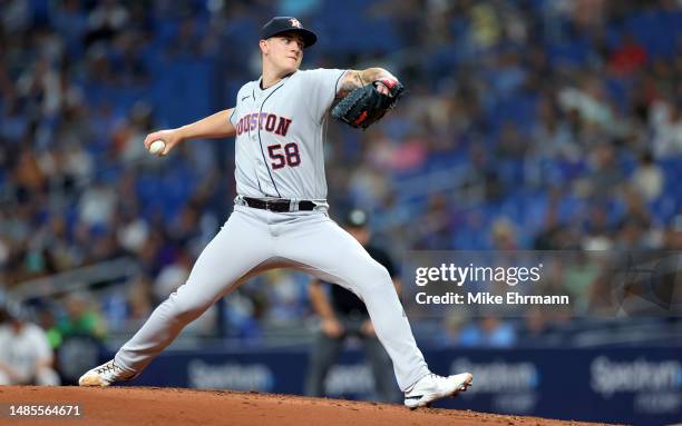 Hunter Brown of the Houston Astros pitches during a game against the Tampa Bay Rays at Tropicana Field on April 26, 2023 in St Petersburg, Florida.