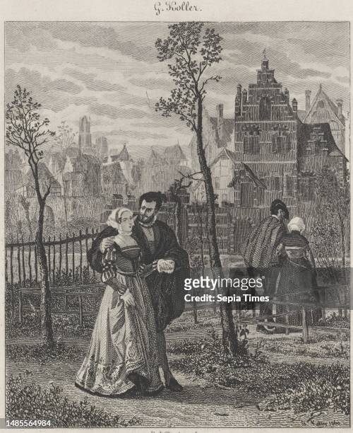 Two walking couples, Dirk Jurriaan Sluyter, after Wilhelm Koller, 1821 - 1866, Two couples in rich attire walking in a city garden with saplings...