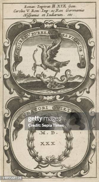 Eagle defeats basilisk and serpent / Lauer wreath, Gectoirs Du Burreau Des Finan. De Lem / Fundatori Quietis , Symbola Divina et Humana Pontificum...