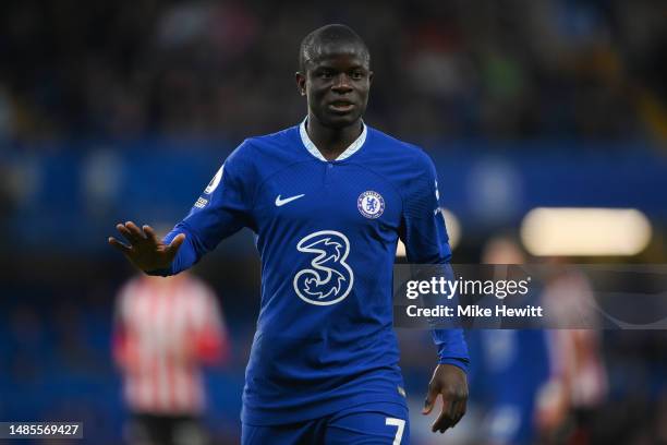 Ngolo Kante of Chelsea looks on during the Premier League match between Chelsea FC and Brentford FC at Stamford Bridge on April 26, 2023 in London,...
