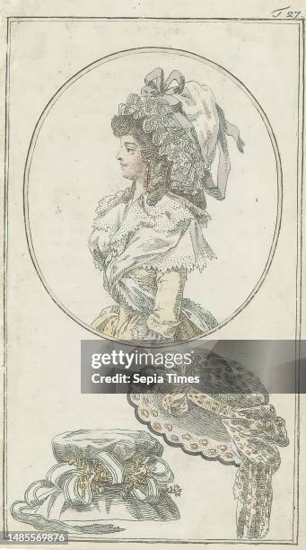 Journal des Luxus und der Moden T 27 , Female bust in circle, facing left. Underneath, two ladies' hats. Print from the fashion magazine Journal des...