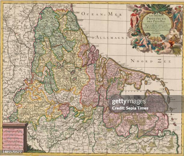 Map of the Seventeen Provinces, Les dix-sept provinces des Pays-Bas , Right title cartouche surrounded by a number of putti. Bottom left legend and...