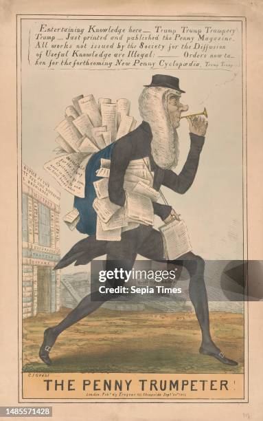 Cartoon on The Penny Magazine, The Penny trumpeter! , The politician Henry Peter Brougham is depicted delivering The Penny Magazine. He is blowing a...