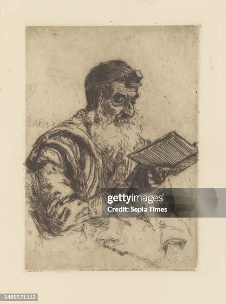 Praying Jewish Man, Portrait of a praying Jewish man holding a prayer book in his right hand. He wears prayer belts, the tefilin, and a prayer...