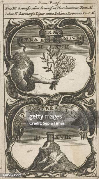 Hand with laurel branch and thorn branches / Mountain tower in the light, Paena Et Praemium / Post Tenebras Lucem , Symbola Divina et Humana...