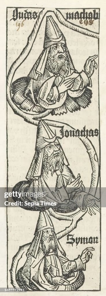 Judas, Jonatan and Simon Makkabeüs, Judas Machabeus / Jonathan / Symon (title on object), Liber Chronicarum (series title), Roots of a family tree with three flower calyxes showing three bearded men with priest turban. However, the text identifies them as