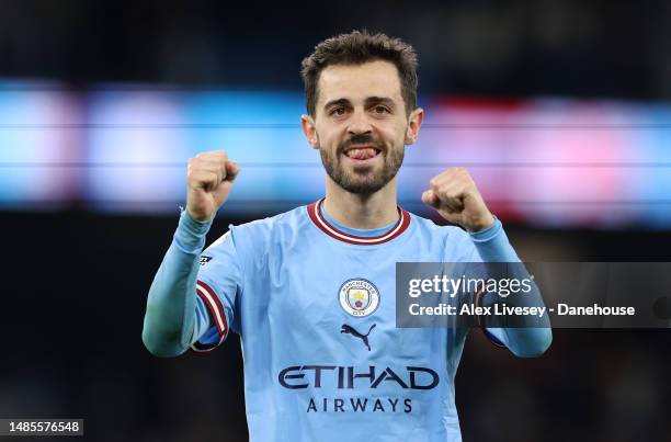 Bernardo Silva of Manchester City celebrates after the Premier League match between Manchester City and Arsenal FC at Etihad Stadium on April 26,...